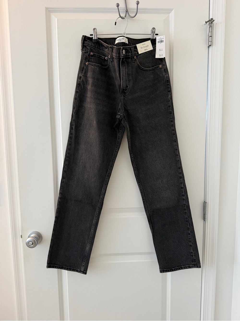 Abercrombie & Fitch Women's The Straight Mid Ride Jeans in Washed Black